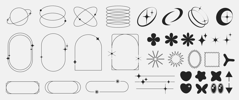 Set of geometric shapes in trendy 90s style. Black trendy design with frame, sparkles, heart, flower, star, lines. Y2k aesthetic element illustrated for banners, social media, poster design, sticker. vector