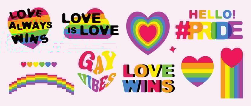 Happy Pride LGBTQ element set. LGBTQ community symbols with rainbow, heart, quote. Elements illustrated for pride month, bisexual, transgender, gender equality, sticker, rights concept. vector