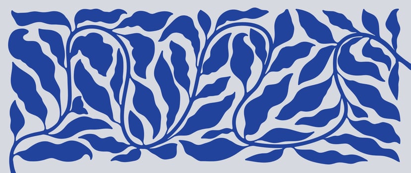 Matisse art background vector. Abstract natural hand drawn pattern design with blue leaves, branches. Simple contemporary style illustrated Design for fabric, print, cover, banner, wallpaper. vector