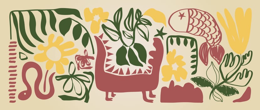 Matisse art background vector. Abstract natural hand drawn pattern design with flowers, leaves, fish, snake. Simple contemporary style illustrated Design for fabric, print, cover, banner, wallpaper. vector