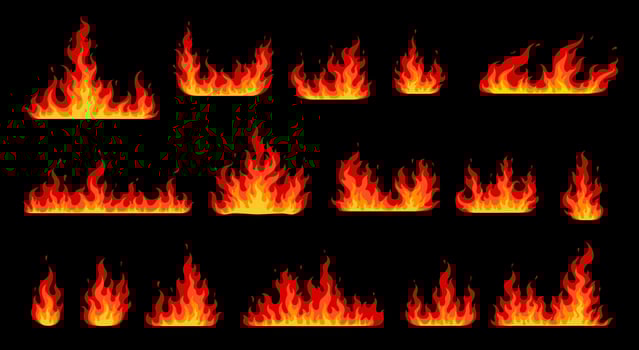 Cartoon fire flames, bonfire and burning firewall vector
