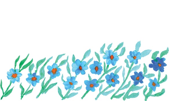A border of blue flowers with green leaves. Watercolor flowers background design vector