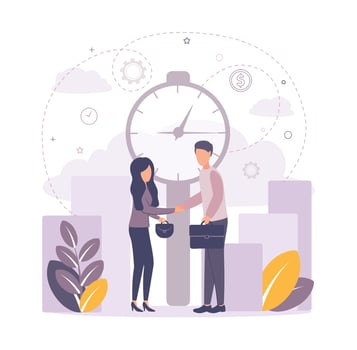 The contract, the clock, people shake hands, making a deal, a man and a woman make a lair, people come to an agreement, business handshake, Businessmen conclude an agreement in front of the clock vector