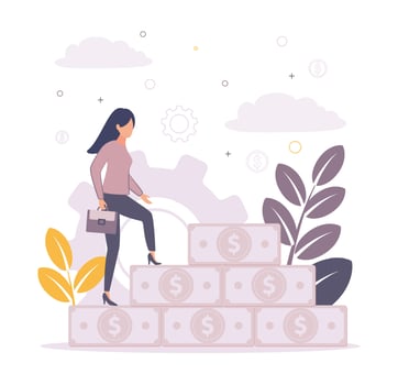 Time management. Illustration of a woman with a business briefcase in her hands rises on dollar bills, on the background of gears, leaves, branches, clouds vector