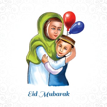 Muslim women and kids people hugging and wishing eid mubarak celebration background vector