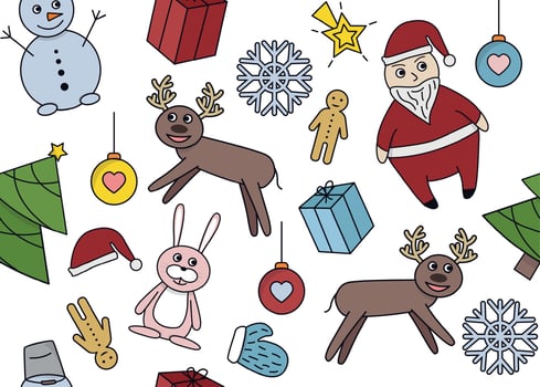 Vector illustration of New Year and Christmas seamless pattern with santa claus, snowman, hare, deer, christmas tree, ball, star, mitten, gingerbread man, snowflake