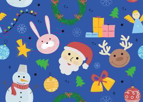 Vector illustration of New Year and Christmas seamless pattern with santa claus, snowman, deer, hare, angel, bell, gifts, christmas ball