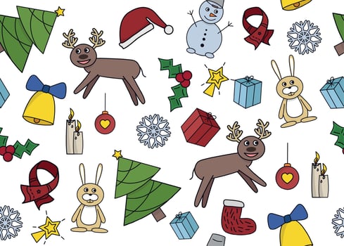 Vector illustration of New Year and Christmas seamless pattern with santa claus, snowman, hare, deer, christmas tree, ball, star, mitten, gingerbread man, gift, snowflake, scarf, candles, holly