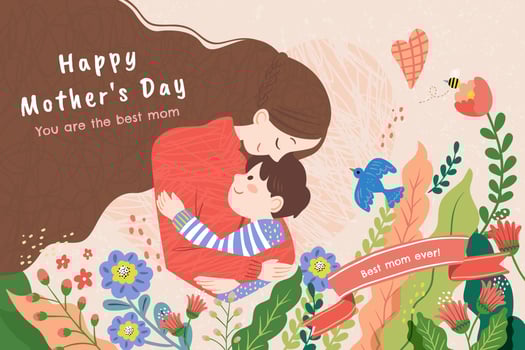 Mother's Day illustration in warm hand drawn style. Woman is hugging her son among colorful abundant flowers. vector