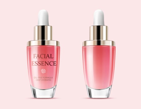 3D facial essence mockups of pink glass bottles with white bulb caps isolated on light pink background vector