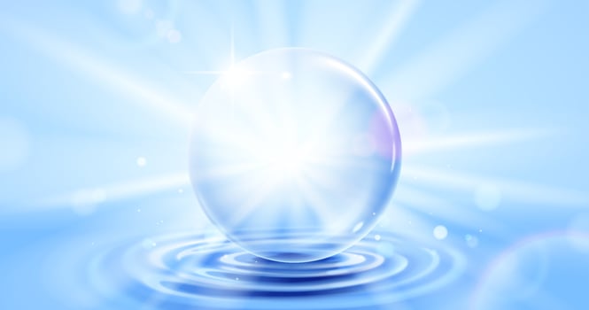 3D Big bubble floating on water ripples with white radial lighting on blue background vector