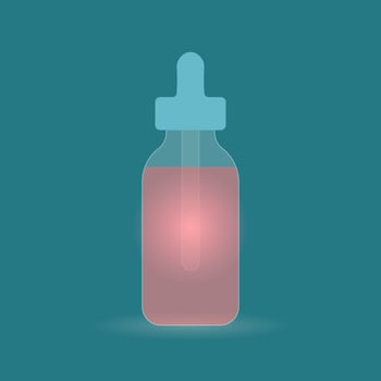 Medical bottle with a pipette on a blue-green background. Glassmorphism style vector illustration