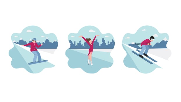 Set banners of winter sports - skiing, figure skating, snowboarding. People on the background of silhouettes of mountains and cities. Vector illustrations in flat style - pink, blue, white colors.