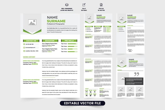 Professional employee CV and profile layout vector with green and dark colors. Employment resume template design with a cover letter. Modern CV layout and portfolio template with photo placeholders.