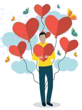 Happy lovers. A young couple. Heart, love and flowers. vector