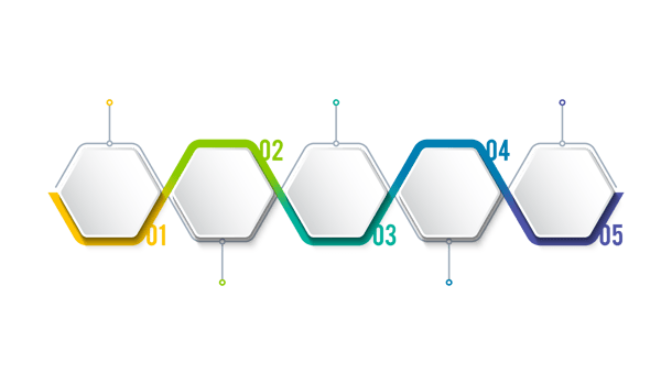 Business infographic template with step or option design. Infographics five options. Diagram with hexagons. Vector design. png