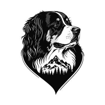 Ornamental Bernese Mountain dog portrait with mountains landscape for your decorative creations. Monochrome vector illustration, isolated on white.