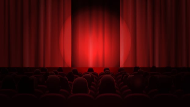 Cinema with curtains and audience. Space to place anything on stage. Red curtain and sit theatrical chairs and wait for the start of the performance. vector