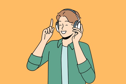 Overjoyed man in wireless headphones listen to music. Smiling guy in earphones have fun enjoying good quality sound. Vector illustration.