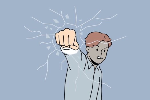 Angry man break glass with fist. Furious male employee punch with hand crash glass. Problem and emotion control. Vector illustration.