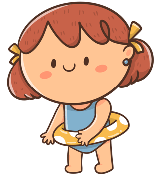 Cartoon illustration little girl wears a swimsuit and plays with a rubber ring in the water. png