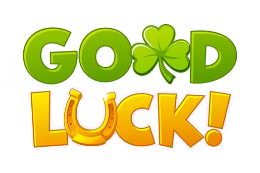 Good luck. Sticker with clover and horseshoe for social media content. Comic style poster, t shirt print, postcard, video blog cover vector