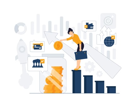 Investment growth, investing money management, investor making trading plans on stock market and calculating benefits concept illustration. vector
