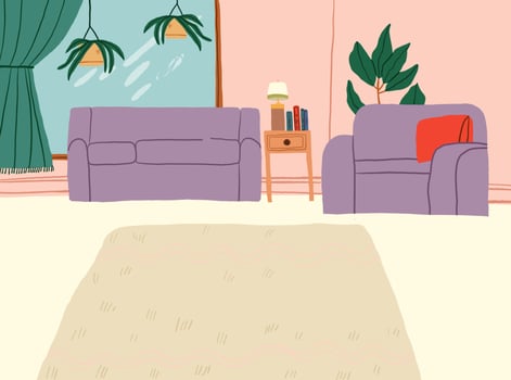 Vector illustration of a cozy living room interior with couches, plants, rug. Vector illustration