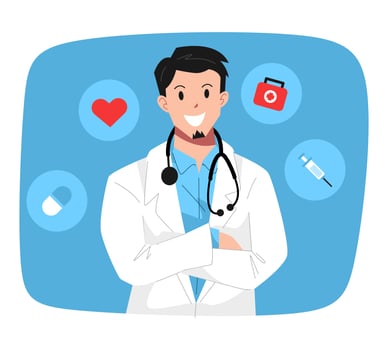 male handsome doctor flat character with icons. half body. wearing a stethoscope around the neck, lab coat. blue background. flat vector illustration.