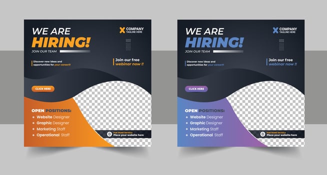 We are hiring job vacancy social media post banner design template with red color. We are hiring job vacancy square web banner design vector