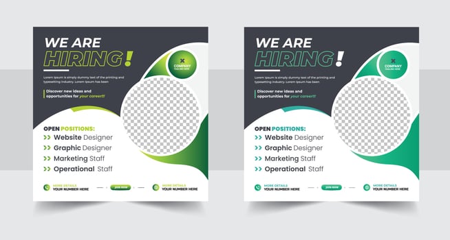 We are hiring job vacancy social media post banner design template with red color. We are hiring job vacancy square web banner design template vector