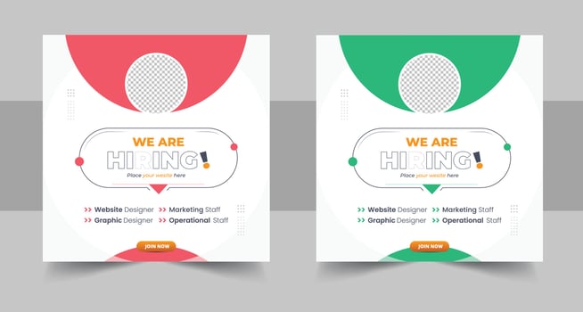 We are hiring job vacancy social media post banner design template with red color. We are hiring job vacancy square web banner design vector