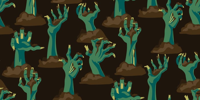 A pattern from the hands of a dead man bursting out of the ground. It is well suited for Halloween-style decoration of paper and textile products. Scary hands on a brown background vector