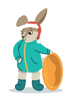 Rabbit with a sled. Cute rabbit in winter. Christmas and New Year. Vector illustration