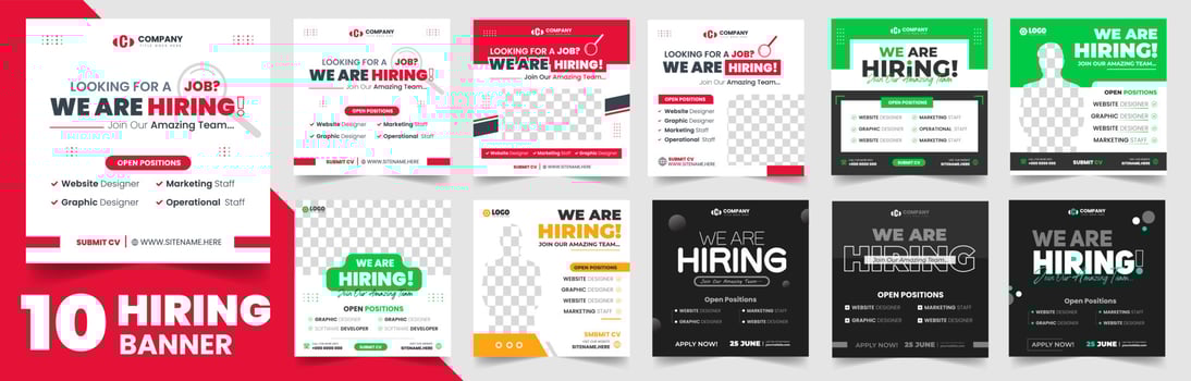 We are hiring job vacancy social media post banner design set template with. We are hiring job vacancy square web banner design bundle. Hiring banner set. Hiring Banner bundle. vector