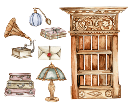 Hand drawn watercolor vintage style cupboard and home stuff.   Isolated furniture for interior. Vintage interior background with furniture interior decor scene. Farmhouse kitchen, cottage illustration png