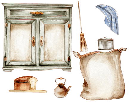 Hand drawn watercolor vintage style cupboard and home stuff.   Isolated furniture for interior. Vintage interior background with furniture interior decor scene. Farmhouse kitchen, cottage illustration png