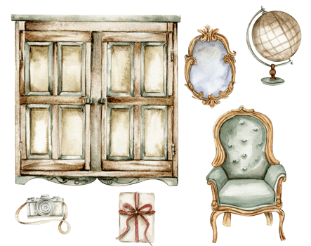 Hand drawn watercolor vintage style cupboard and home stuff.   Isolated furniture for interior. Vintage interior background with furniture interior decor scene. Farmhouse kitchen, cottage illustration png