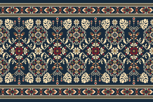 Floral knitted embroidery on navy blue background.geometric ethnic oriental pattern traditional.Aztec style abstract vector illustration.design for texture,fabric,clothing,wrapping,decoration,scarf.