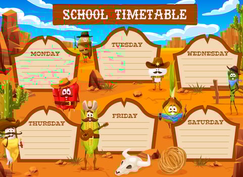 Timetable schedule, cartoon cowboy vegetables vector