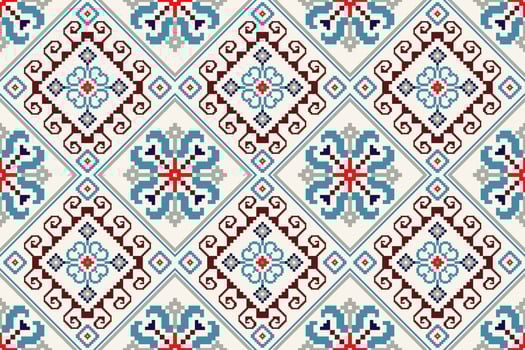 Floral Cross Stitch Embroidery on white background.geometric ethnic oriental seamless pattern traditional.Aztec style abstract vector illustration.design for texture,fabric,clothing,wrapping,carpet.