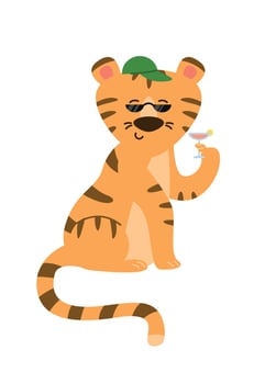 Tiger in sun protection glasses and a cap with a cocktail.Vector image. vector