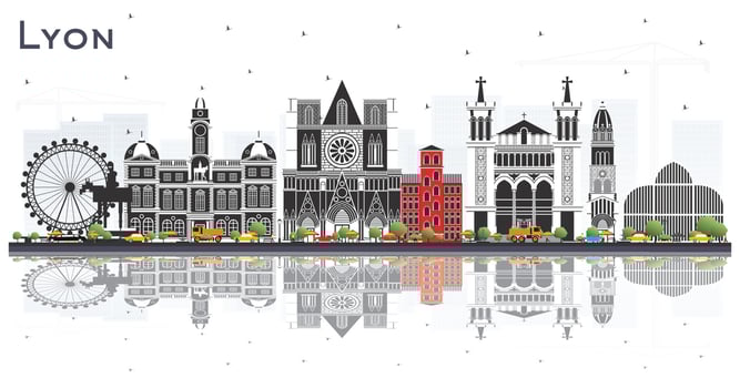 Lyon France City Skyline with Color Buildings and Reflections Isolated on White. Lyon Cityscape with Landmarks. vector