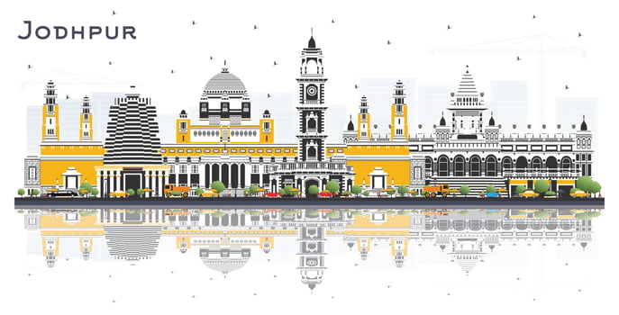 Jodhpur India City Skyline with Color Buildings with Reflections Isolated on White. Jodhpur Cityscape with Landmarks. vector