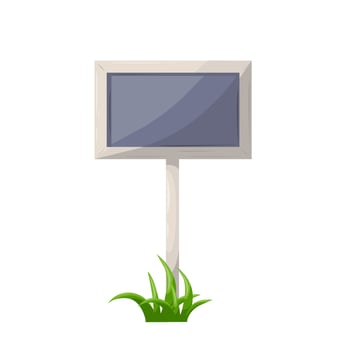 Signboard on post and green grass. Board from wood planks on lawn or field. For farm, country or rural scene isolated on white background. Vector illustration