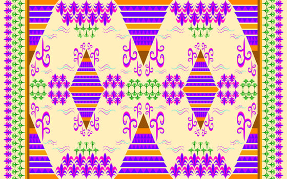 Ethnic folk geometric seamless pattern in flora and earth theme purple, brown and green tone in vector illustration design for fabric, mat, carpet, scarf, wrapping paper, tile and more