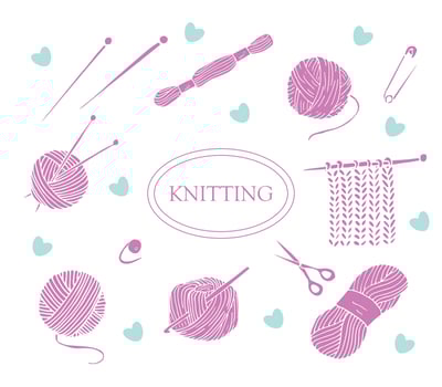 Hand drawn pink knitting doodles. Knitting and crochet set of icons. Hand drawn knitting collection. Isolated vector illustration
