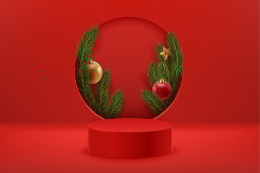 Christmas red podium with firs, christmas balls and star. Holiday background with realistic stage and hole. Christmas and new year 3D scene vector
