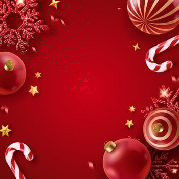 Realistic Christmas decor with snowflakes, stars, candy canes and christmas tree red ball. New year vector card