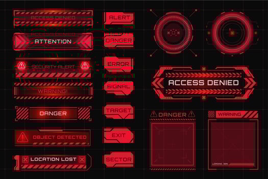 Set of warning, attention and alert red symbols. HUD caution and danger frames. Game UI with warning boxes for system damage error vector